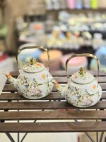 کتری لعابی دسته طلایی طرح گنجشک